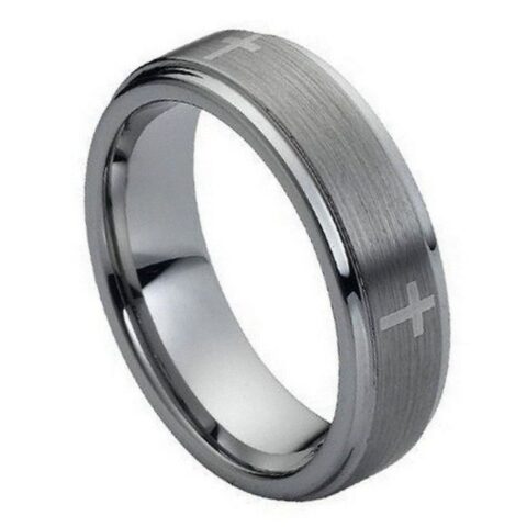 Men’s brushed gray tungsten wedding band with polished beveled edges and engraved cross accents.