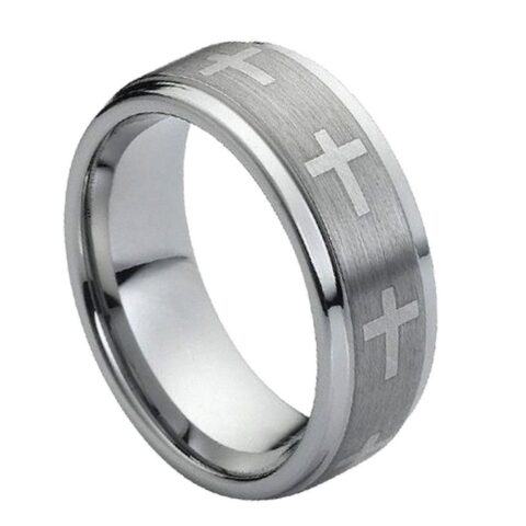 Men’s brushed gray tungsten wedding band with polished beveled edges and engraved cross accents
