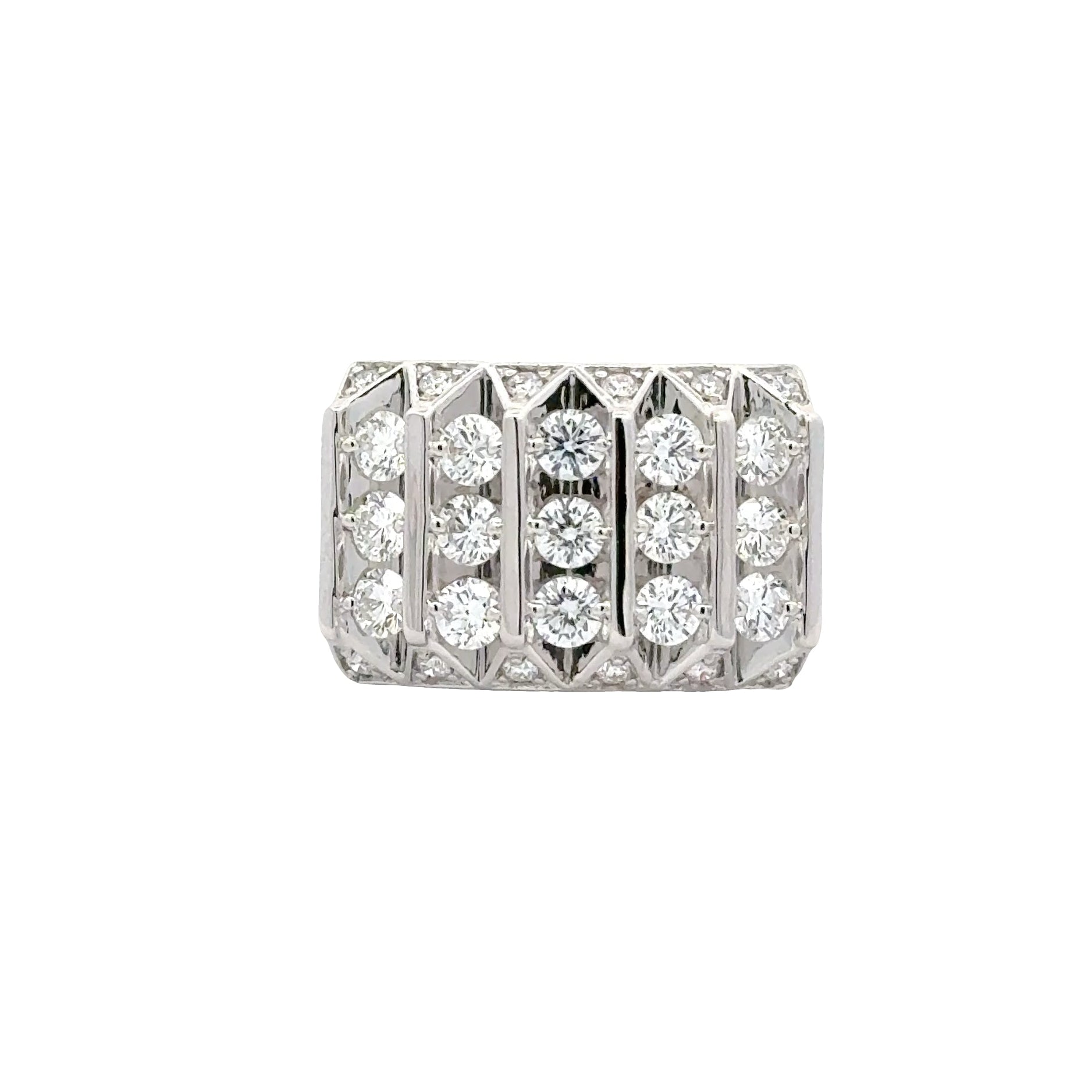 Sterling silver men's diamond ring with multiple rows of lab-created diamonds, 2-carat total weight, Solomon Jewelers.