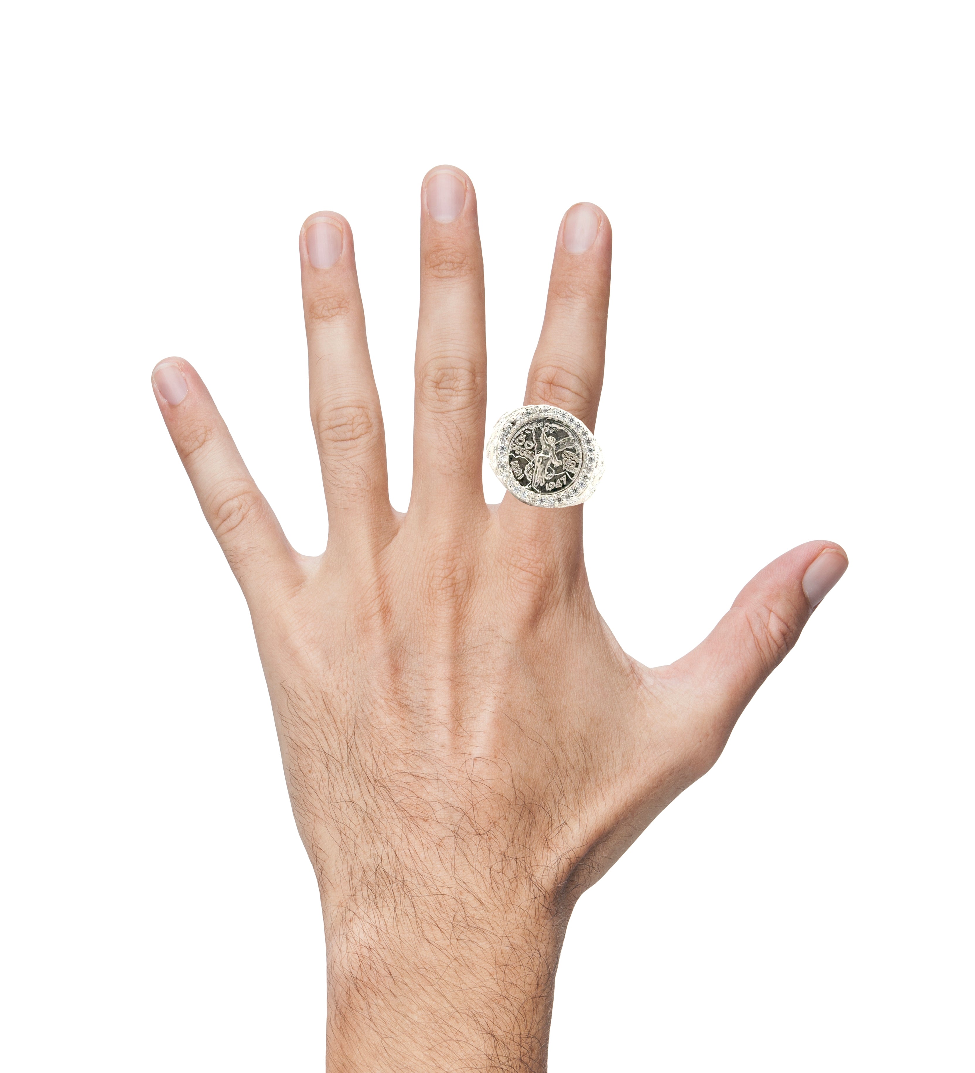 Sterling silver 50 peso centenario coin ring with winged victory design from Solomon Jeweler
