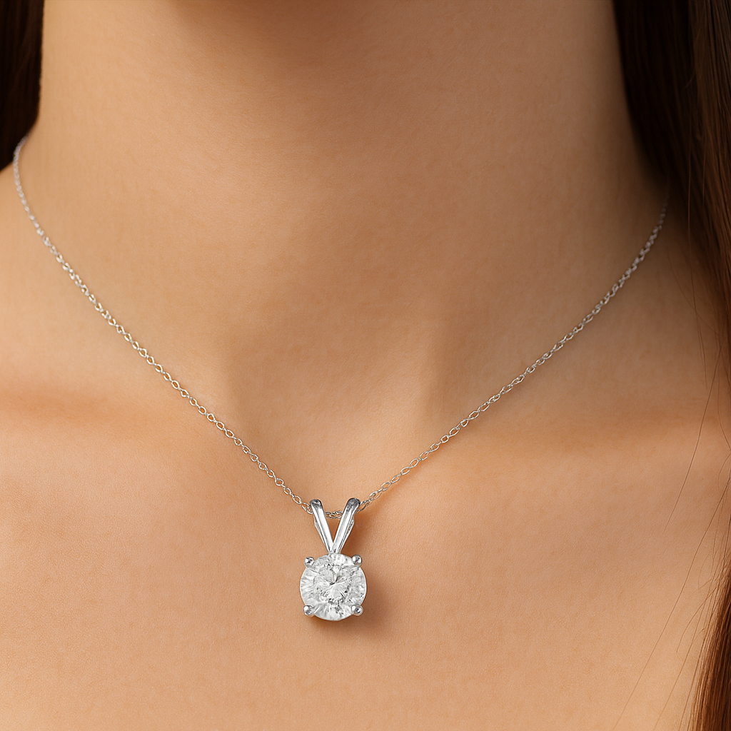 model wearing round solitaire diamond necklace in white gold