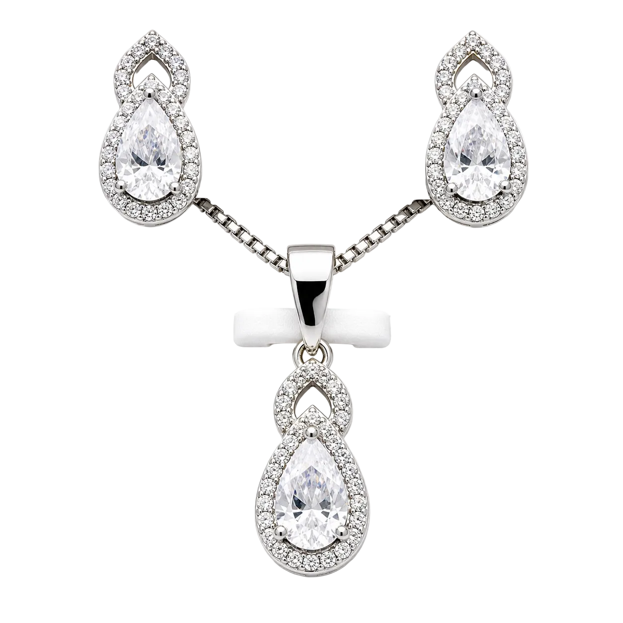 Silver pendant with moissanite pear drop earrings and matching necklace set, elegant jewelry from Solomon Jewelers.