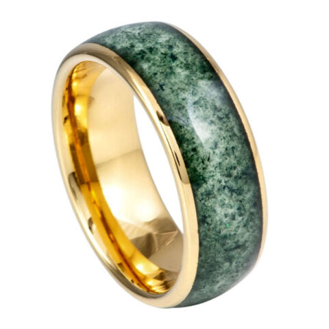 Domed Tungsten Band with Moss Agate Inlay – 8mm