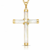 A gold cross pendant featuring mother-of-pearl inlay with gold caps and a gold 'I' initial at the center, suspended from a gold chain against a white background.