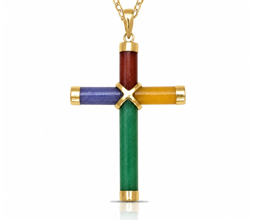A gold cross pendant necklace featuring four colored cylindrical sections in red, blue, yellow, and green, with a gold X-shaped center and chain, shown on a white background.