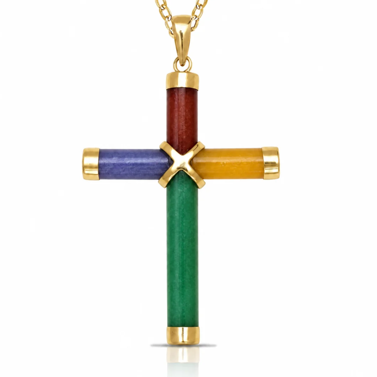 A gold cross pendant necklace featuring four colored cylindrical sections in red, blue, yellow, and green, with a gold X-shaped center and chain, shown on a white background.