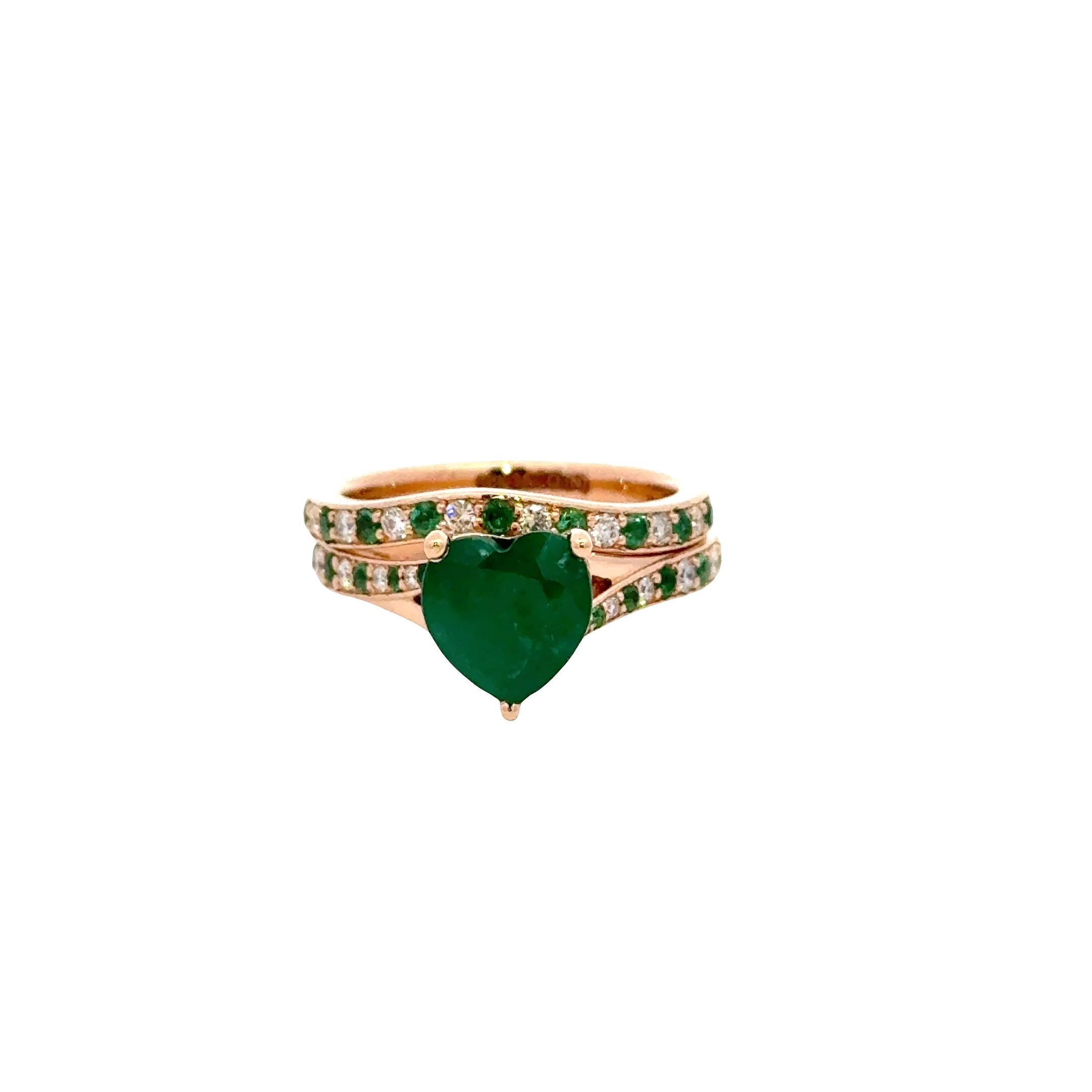 18K gold heart shaped natural emerald diamond bridal ring with split band design