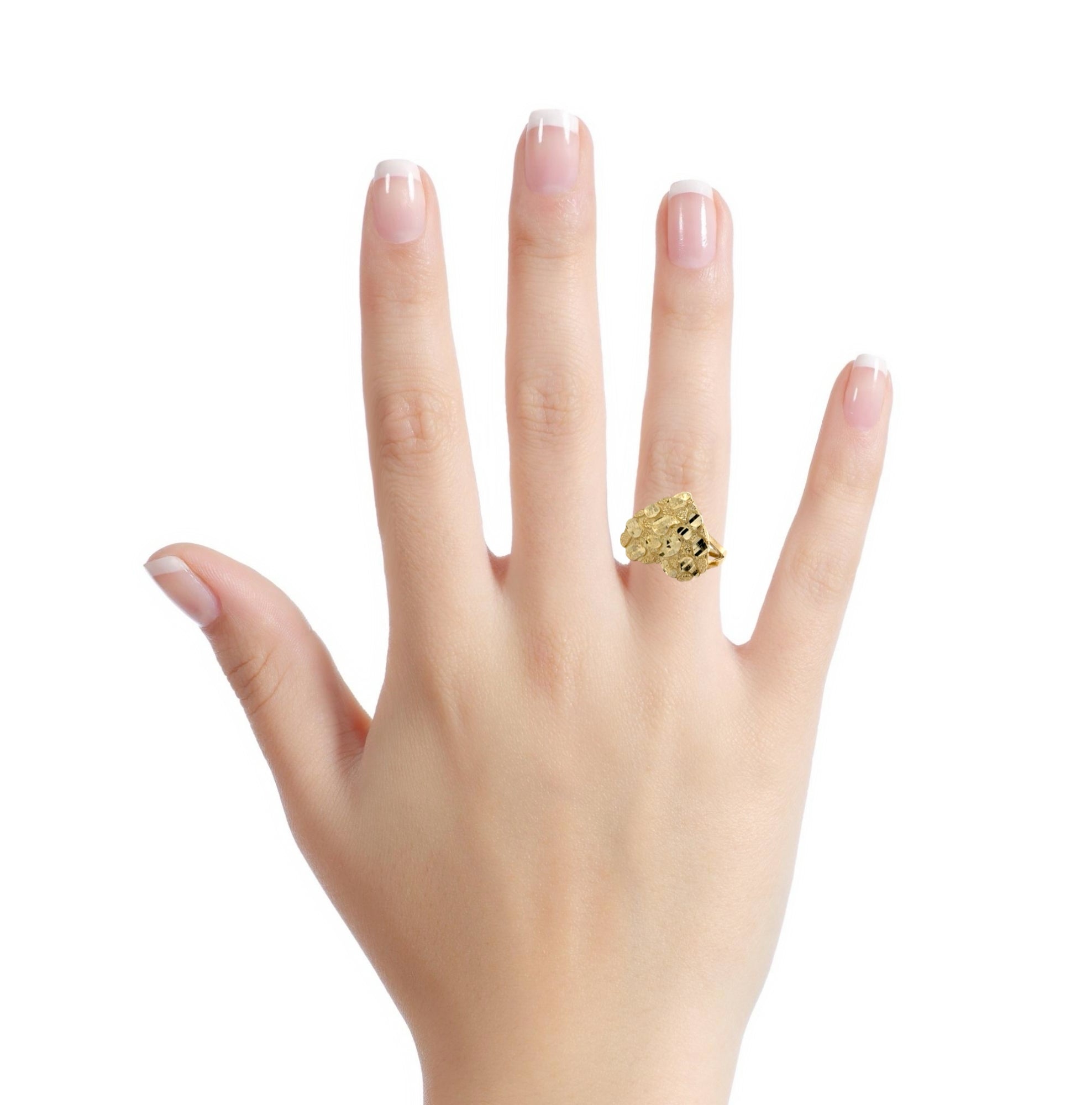 10 karat yellow gold nugget heart ring with diamond cut texture