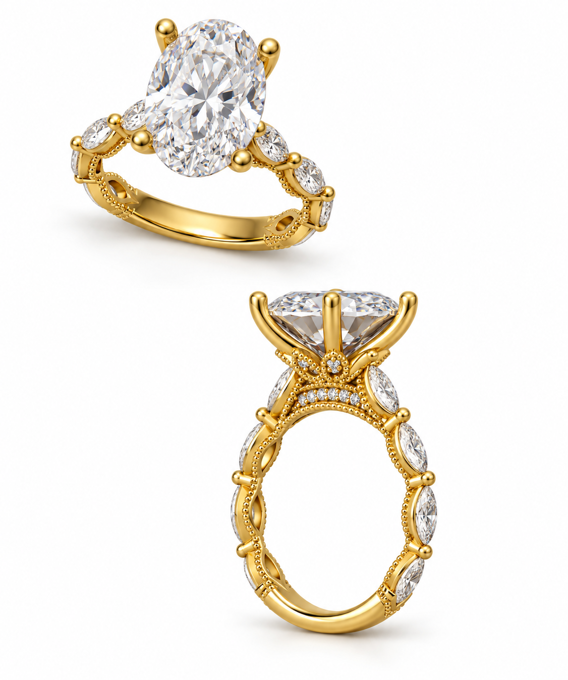 Two views of a yellow gold ring with a large oval-cut center stone and smaller round stones along the band, shown on a plain white background.