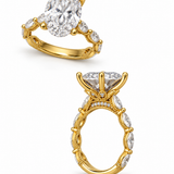 Two views of a yellow gold ring with a large oval-cut center stone and smaller round stones along the band, shown on a plain white background.