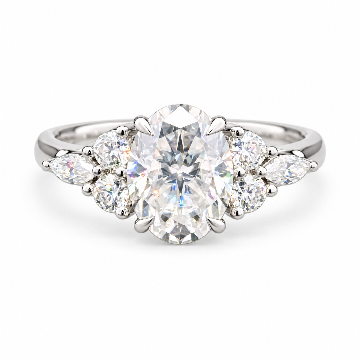 Oval Moissanite Silver Ring with Round and Marquise Side Clusters