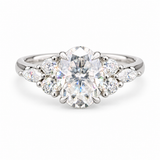 Oval Moissanite Silver Ring with Round and Marquise Side Clusters