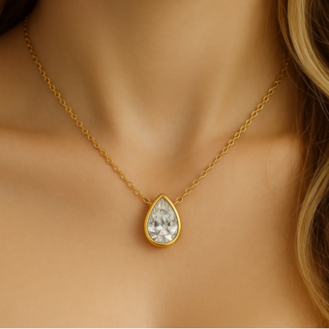 14KT Yellow Gold Pear-Shaped Diamond Pendant Necklace Front View
