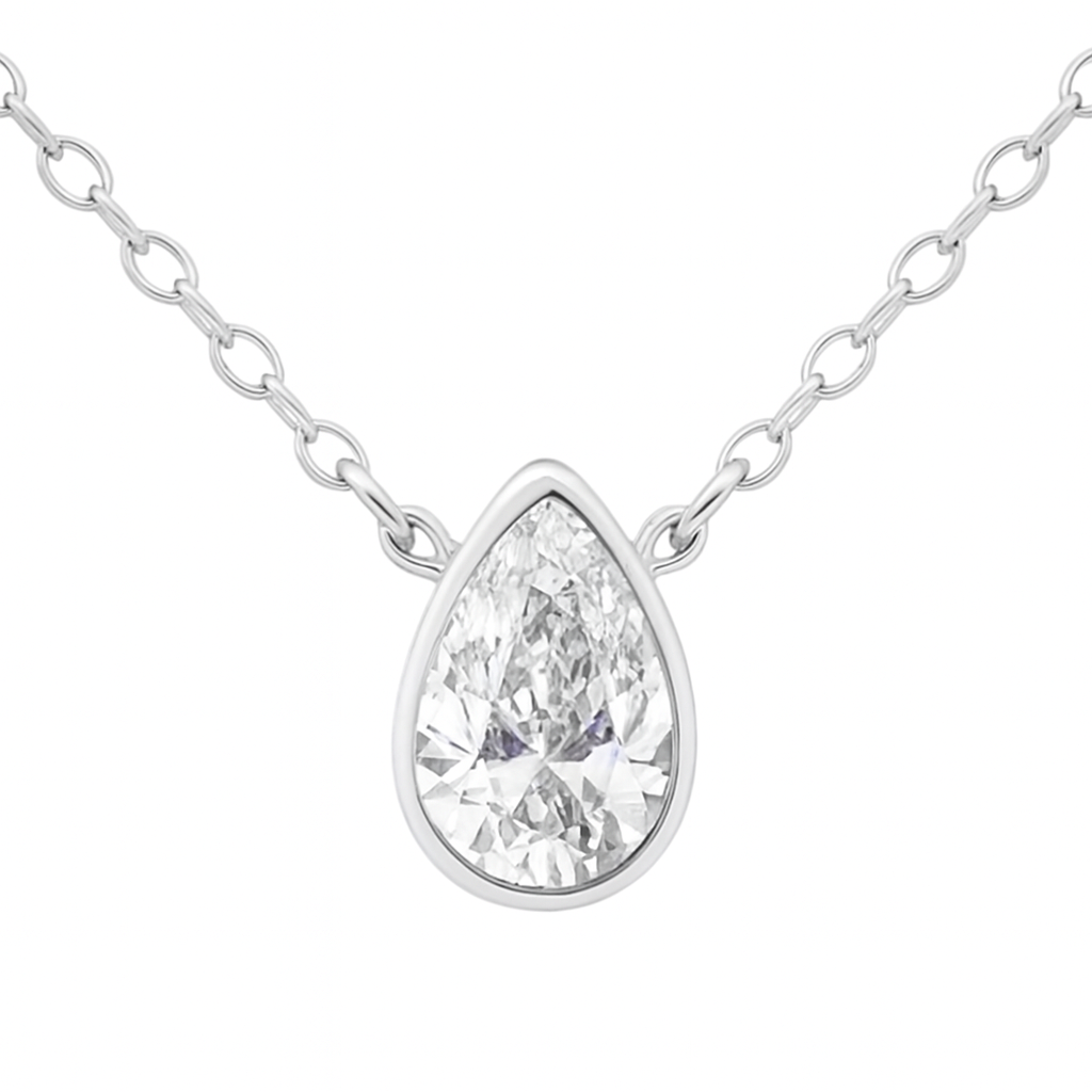 Solomon Jeweler white Gold Teardrop Diamond Solitaire Bezel Set Necklace