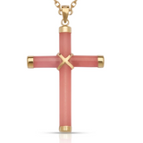 A gold cross pendant necklace featuring a central pink cross accent, set against a plain white background.