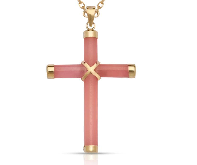 A gold cross pendant necklace featuring a central pink cross accent, set against a plain white background.