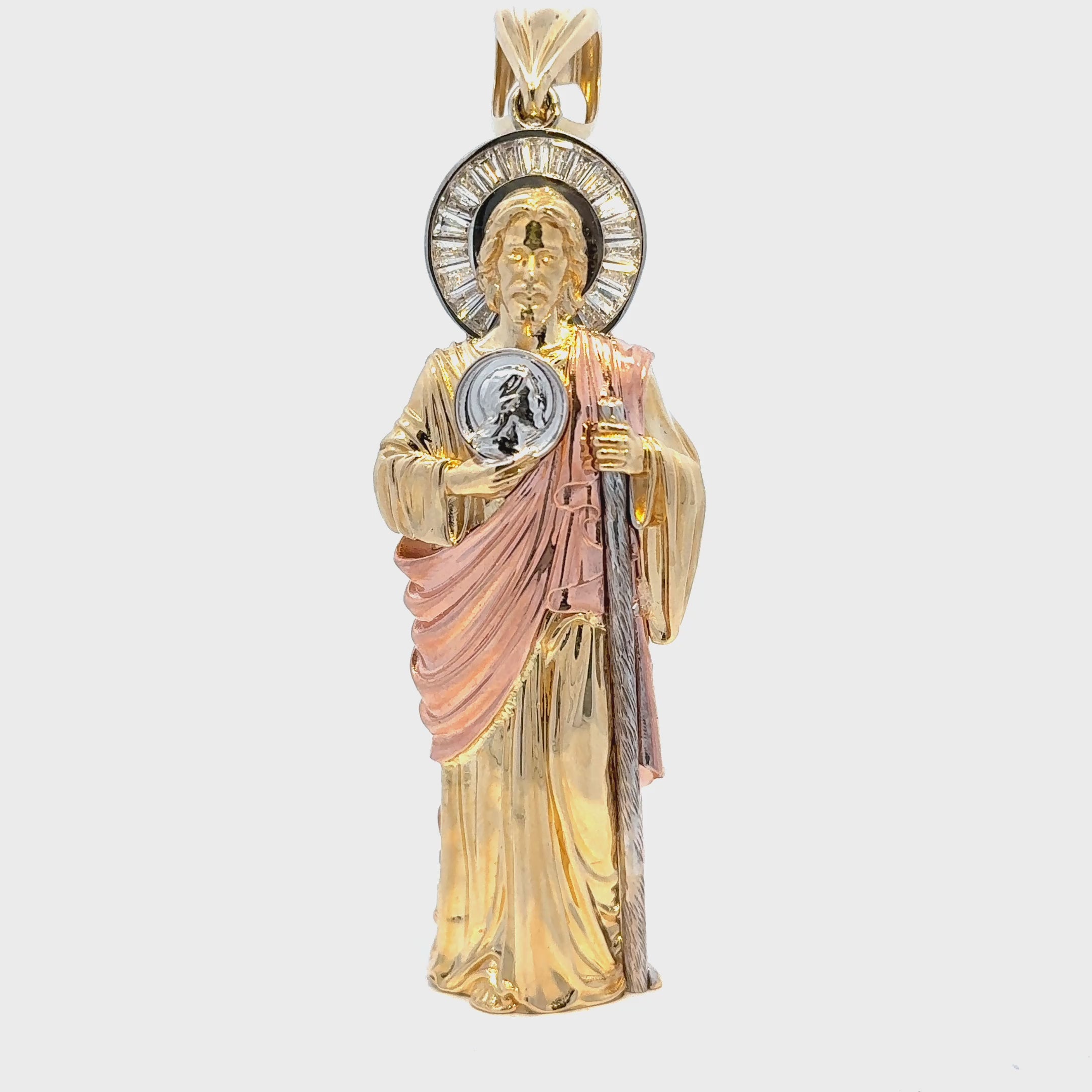 Saint Jude Pendant in 10 Karat Tri Color Gold. Solomon Jeweler