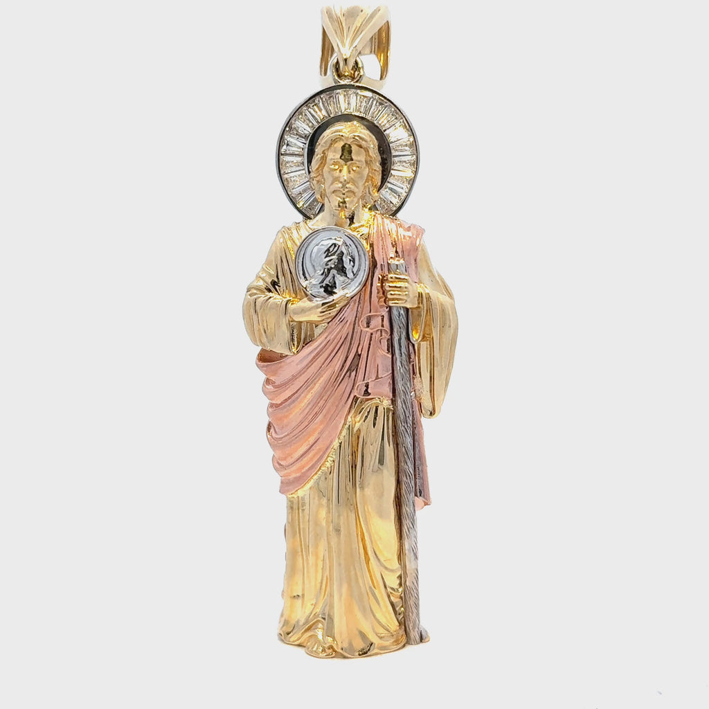 Saint Jude Pendant in 10 Karat Tri Color Gold. Solomon Jeweler