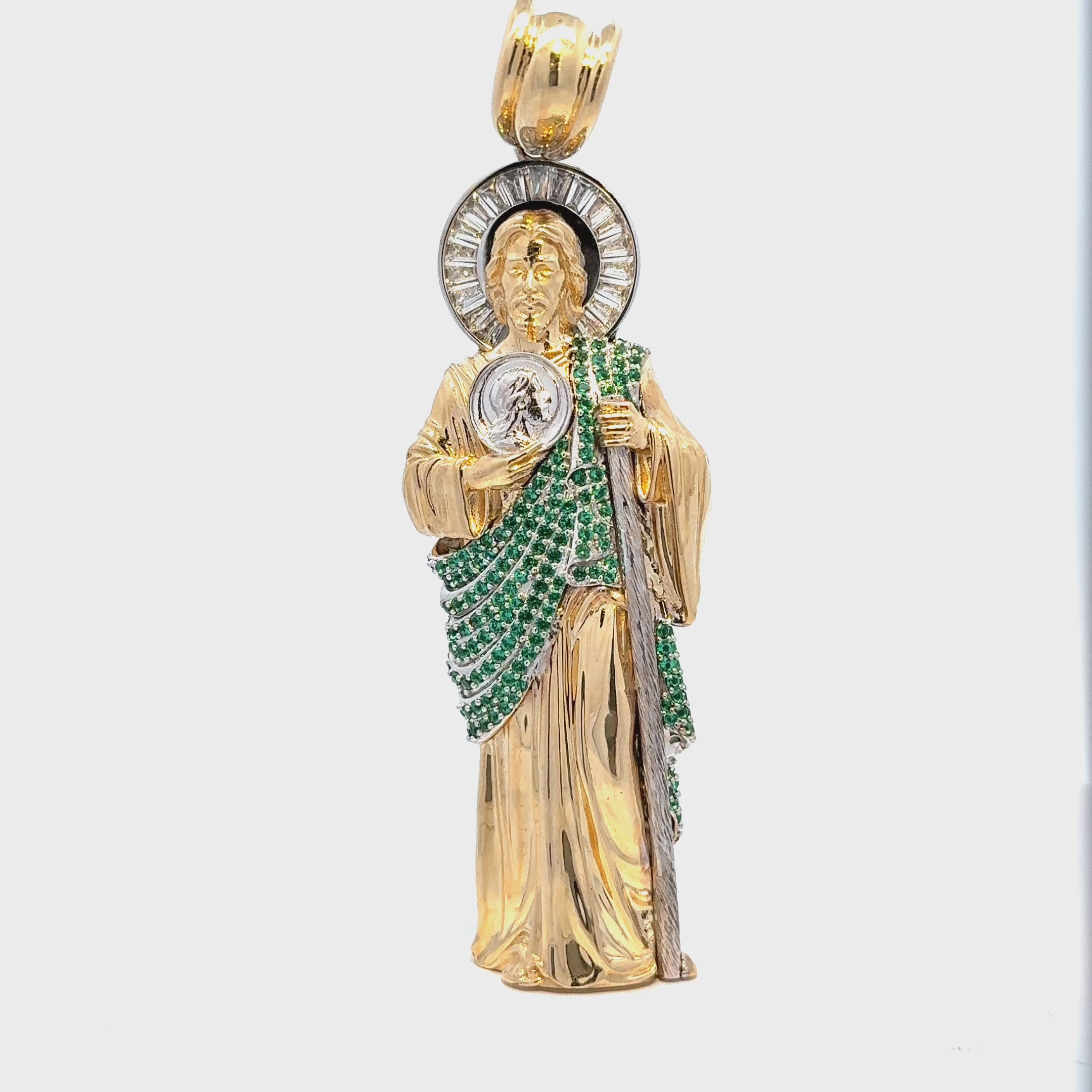 Saint Jude pendant in yellow gold with created green stones.