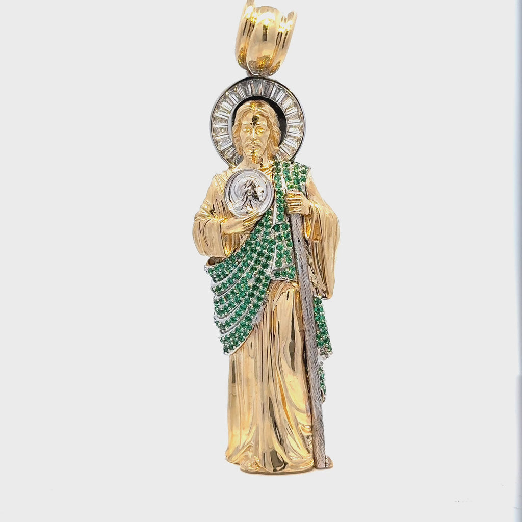 Saint Jude pendant in yellow gold with created green stones.