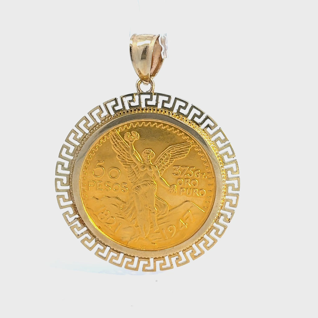 50peso Centenario Coin Pendant in 10 Karat Yellow Gold with Greek Border.