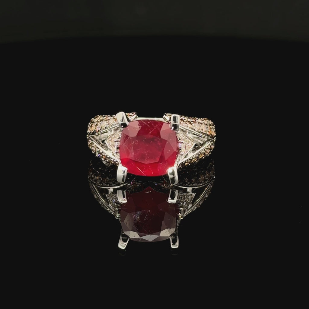 14K white gold ring with cushion-cut natural ruby, chocolate diamond pave accents and split-shank design