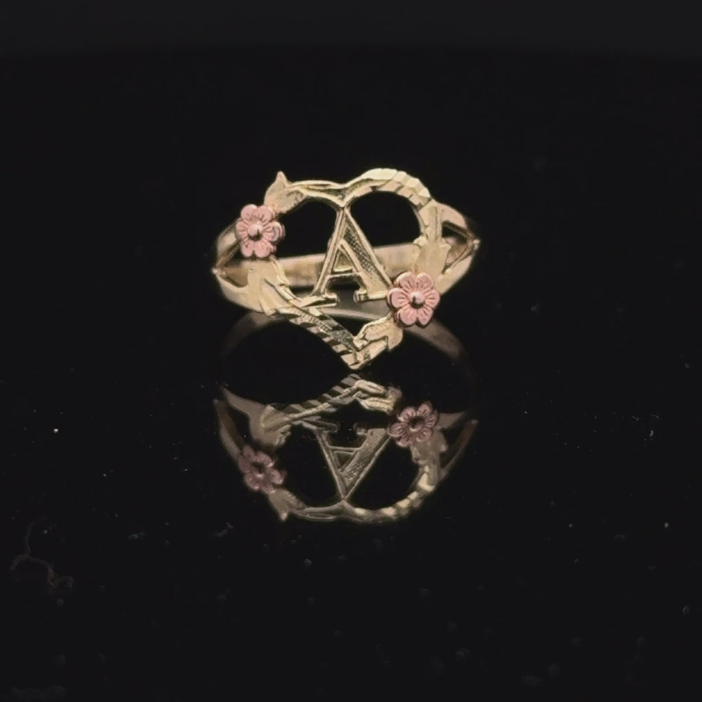 Gold Heart Initial Floral Ring.
