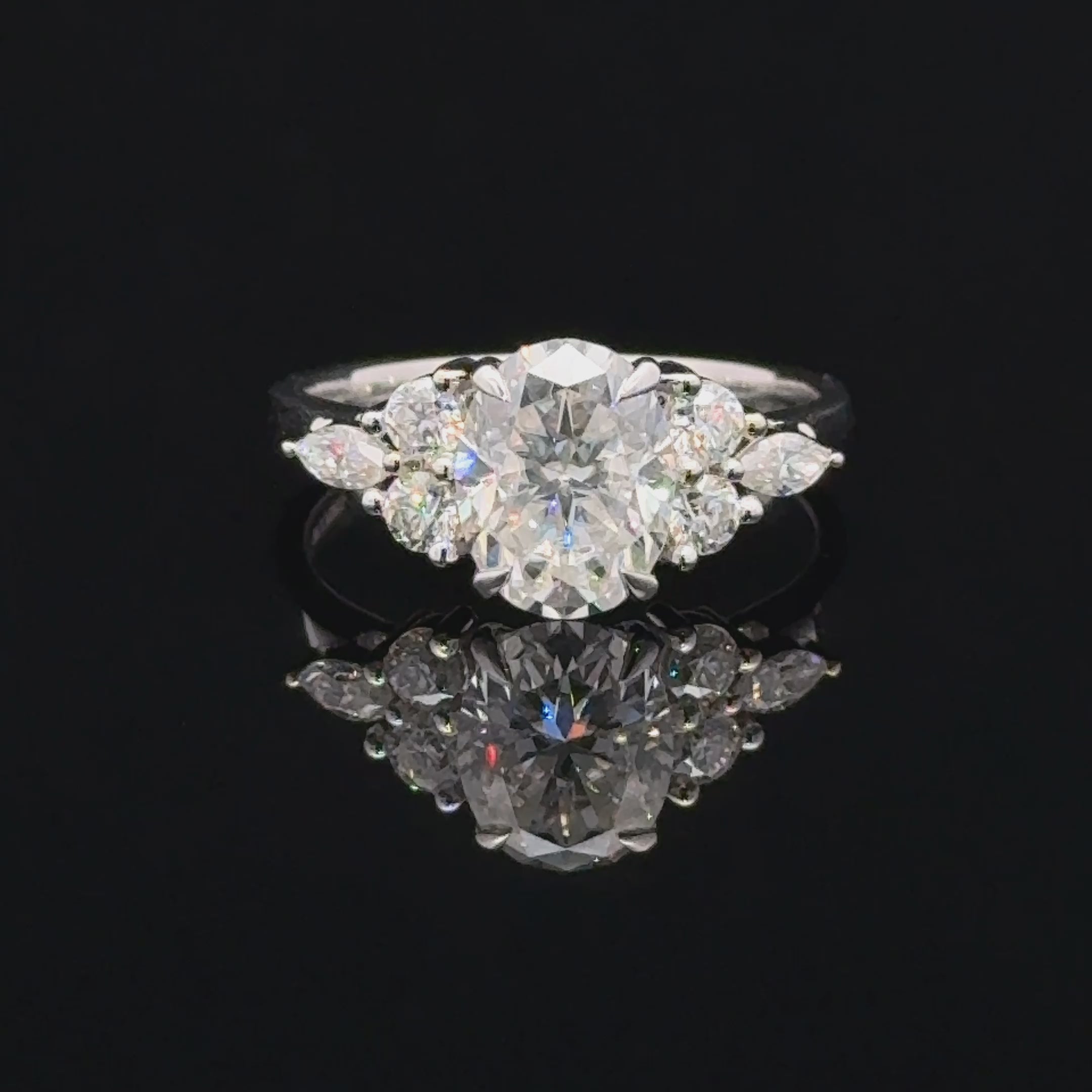 Oval Moissanite Silver Ring with Round and Marquise Side Clusters