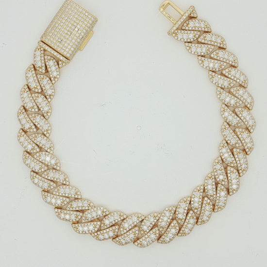 Silver moissanite iced Cuban link bracelet with fully pave set stones and box clasp by Solomon Jeweler