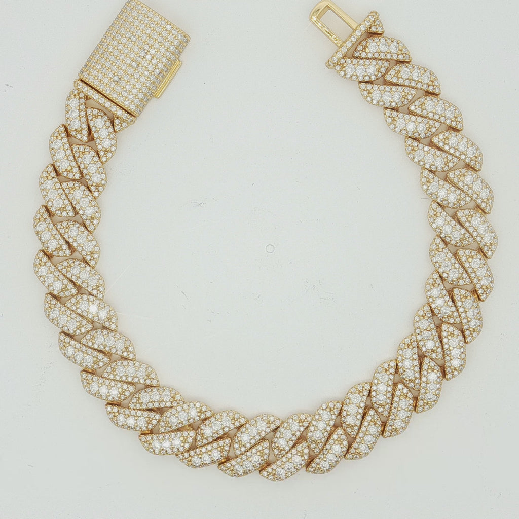 Silver moissanite iced Cuban link bracelet with fully pave set stones and box clasp by Solomon Jeweler