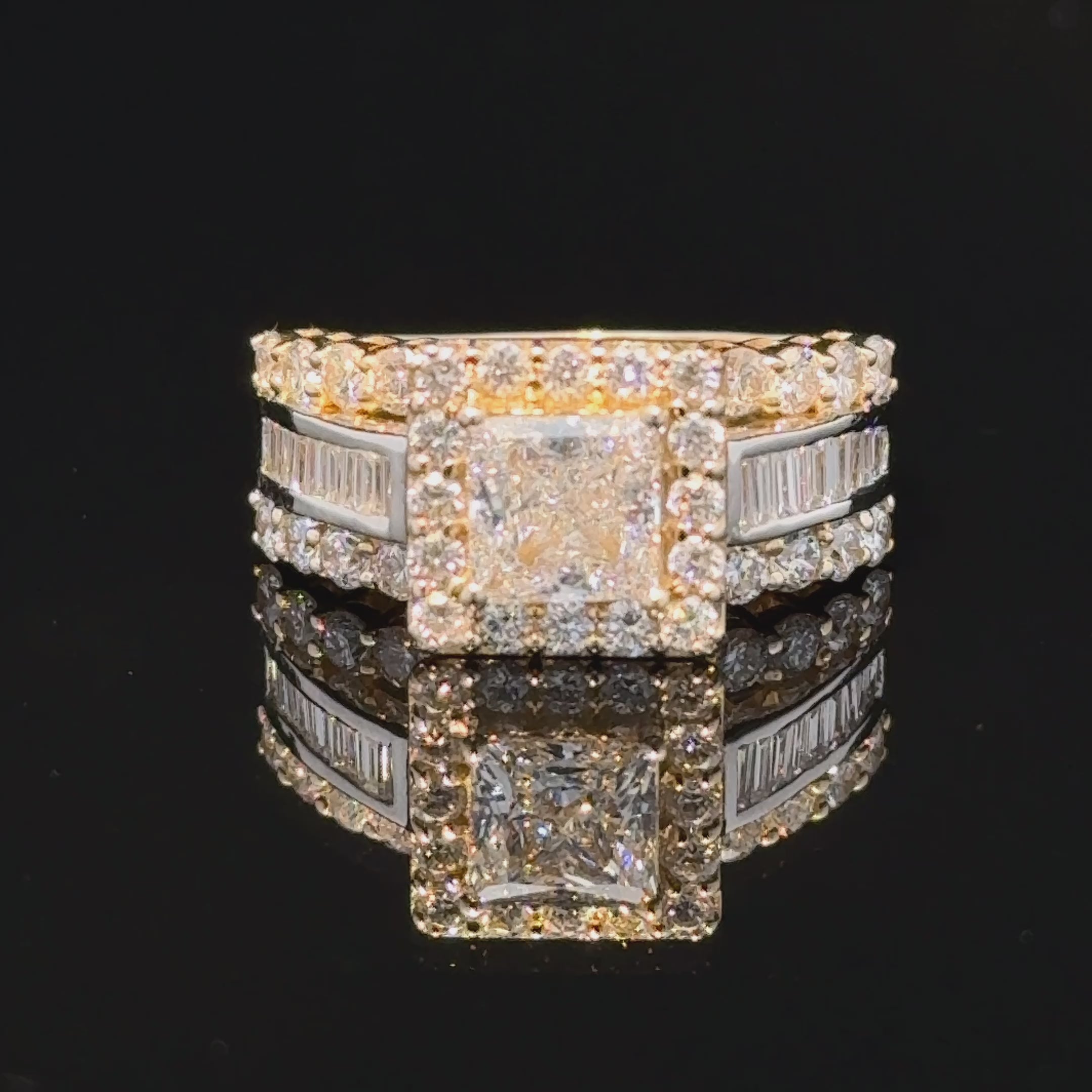 14K gold diamond ring, designed with a brilliant princess-cut center diamond framed by a sparkling round diamond halo.