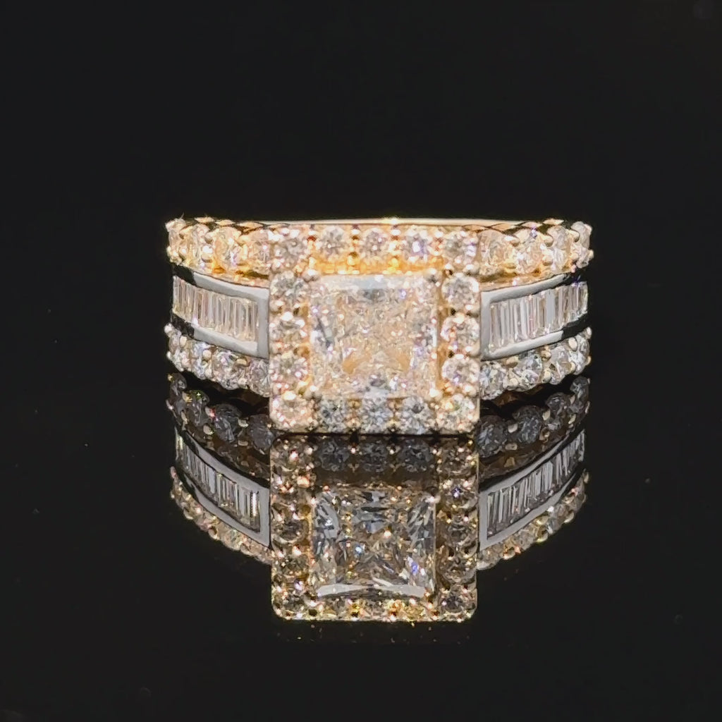 14K gold diamond ring, designed with a brilliant princess-cut center diamond framed by a sparkling round diamond halo.