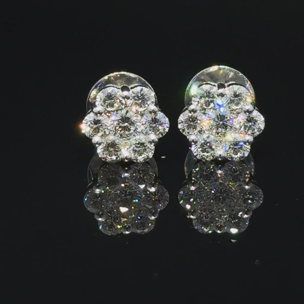 Silver lab diamond flower cluster stud earrings with round brilliant diamonds