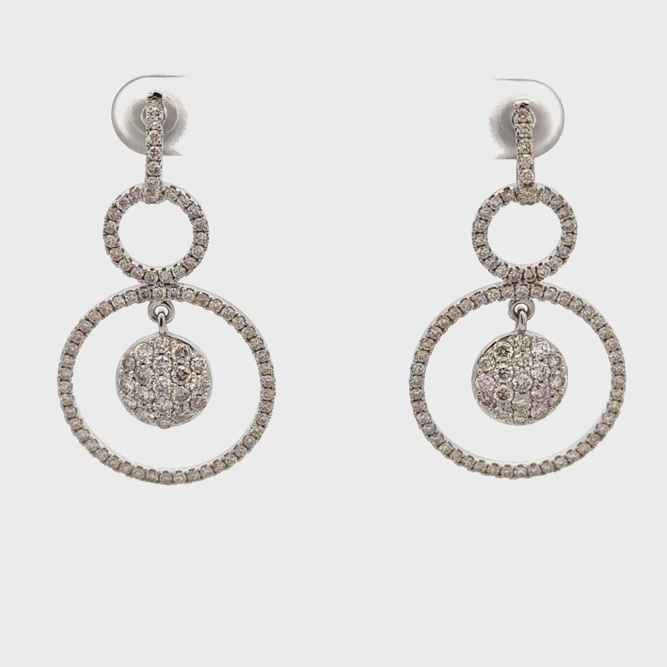 Double Hoop Pave Diamond Dangle Earrings 14K Gold