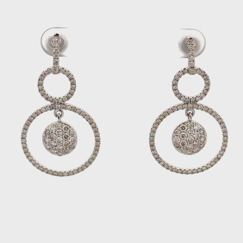 Double Hoop Pave Diamond Dangle Earrings 14K Gold