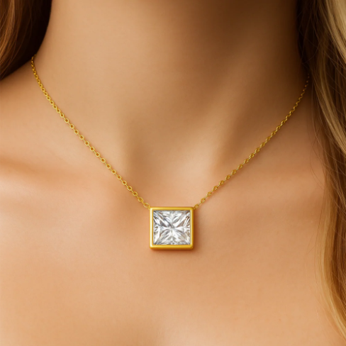 Princess Cut Diamond Pendant on Model – Solomon Jeweler