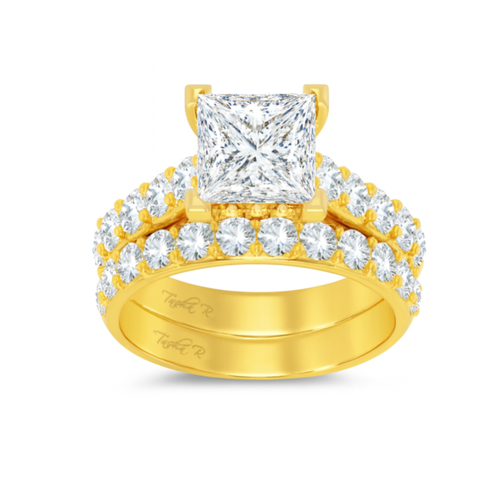 14K yellow gold princess-cut diamond bridal ring set with matching band featuring round brilliant stones – Solomon Jeweler.