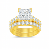 14K yellow gold princess-cut diamond bridal ring set with matching band featuring round brilliant stones – Solomon Jeweler.