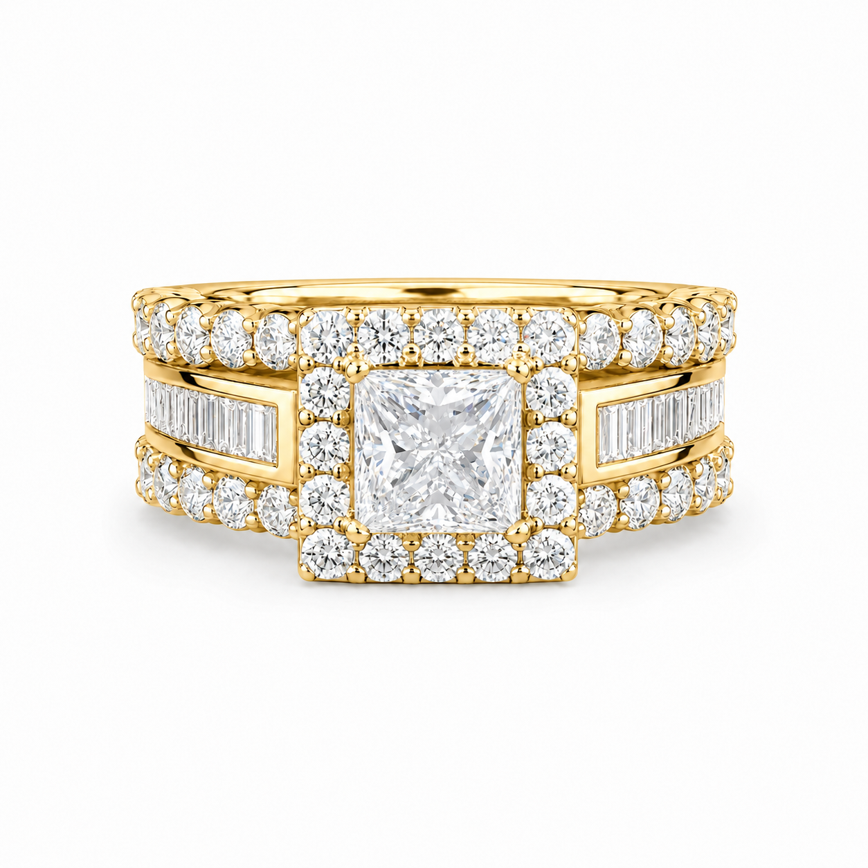 Princess-cut lab diamond engagement ring in 14k gold with halo setting, featuring sparkling diamonds and Solomon Jewelers craftsmanship.