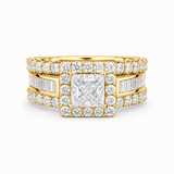 Princess-cut lab diamond engagement ring in 14k gold with halo setting, featuring sparkling diamonds and Solomon Jewelers craftsmanship.