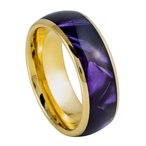 Gold ring with purple interior on a white background