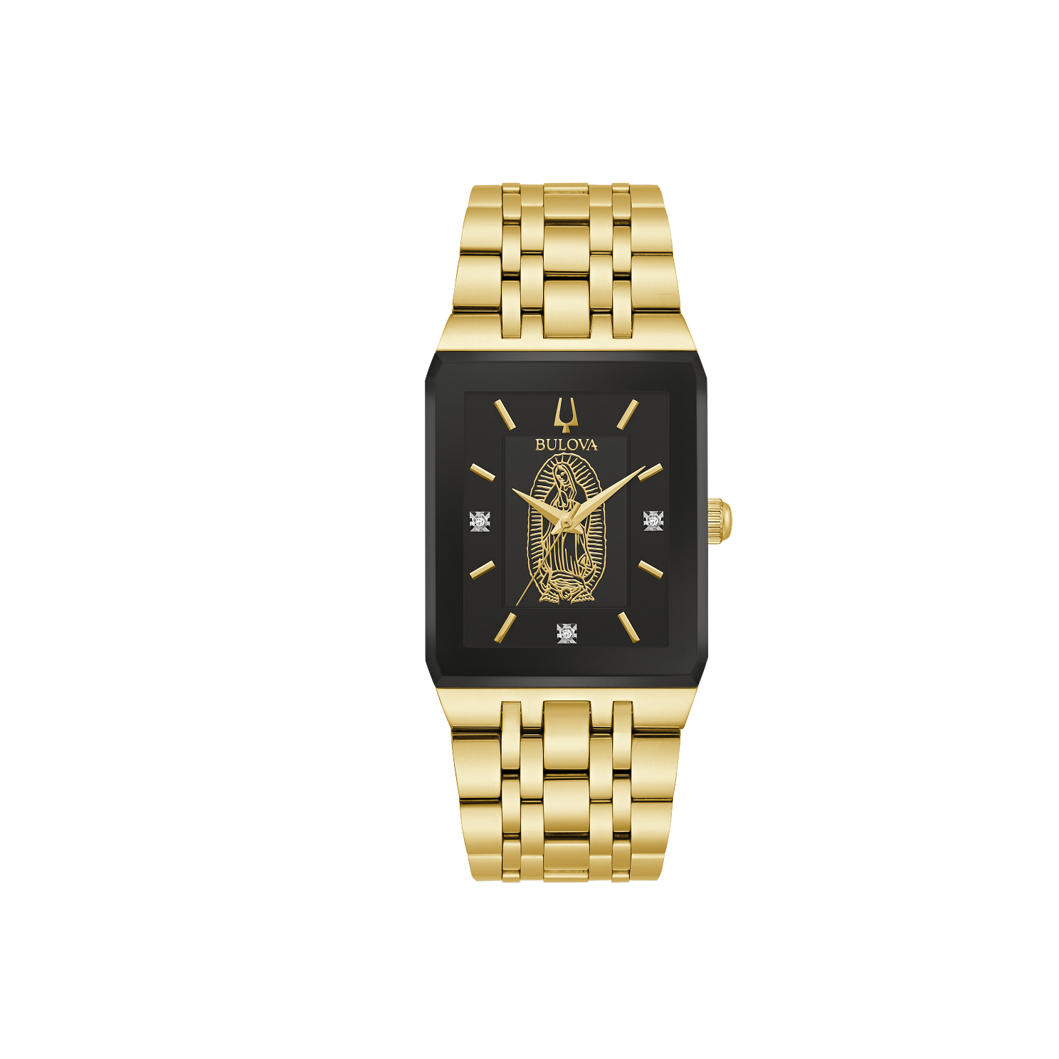 This men’s watch features a gold-tone stainless steel case, edge-to-edge faceted metalized mineral crystal, and the Basilica of Lady of Guadalupe etched on the case back.