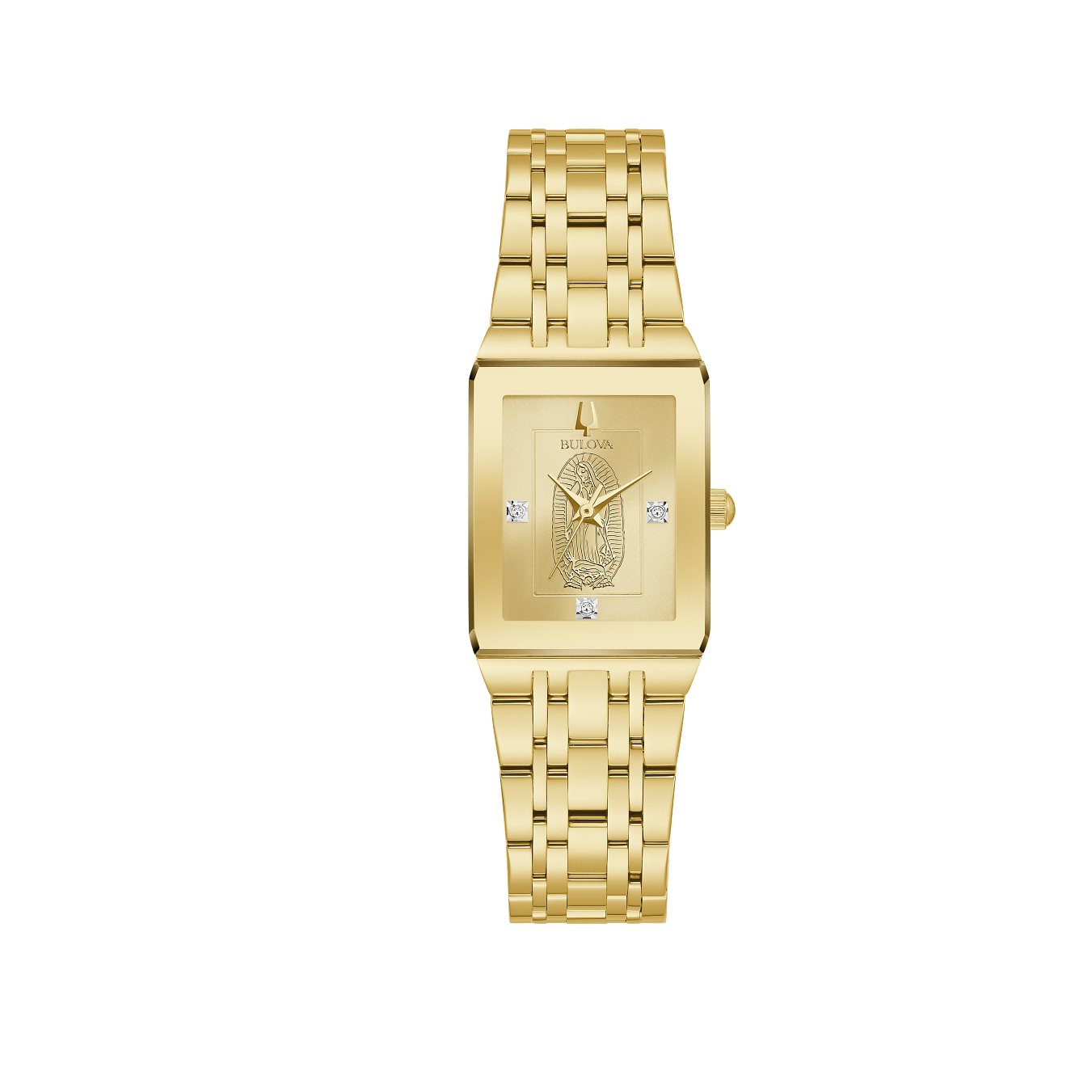 This women’s watch features a gold-tone stainless steel case, edge-to-edge faceted metalized mineral crystal, and the Basilica of Lady of Guadalupe etched on the case back.