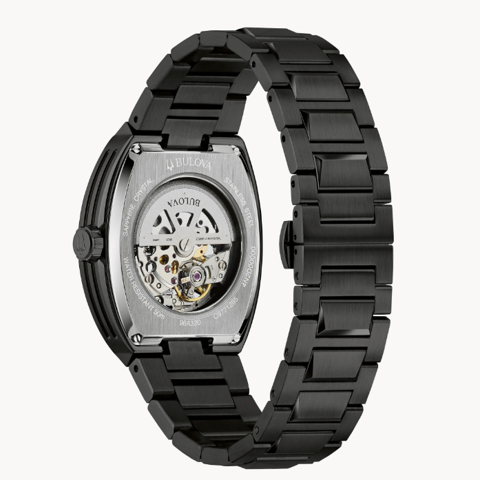 This Bulova rainbow-colored patterned dial men’s watch from the Maquina collection offers a uniquely individual expression of style.