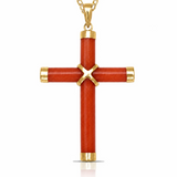 A gold cross pendant with a textured red-orange inlay, featuring a gold 'X' at the center and gold caps at the ends of the cross and chain, shown on a white background.