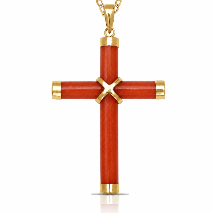A gold cross pendant with a textured red-orange inlay, featuring a gold 'X' at the center and gold caps at the ends of the cross and chain, shown on a white background.