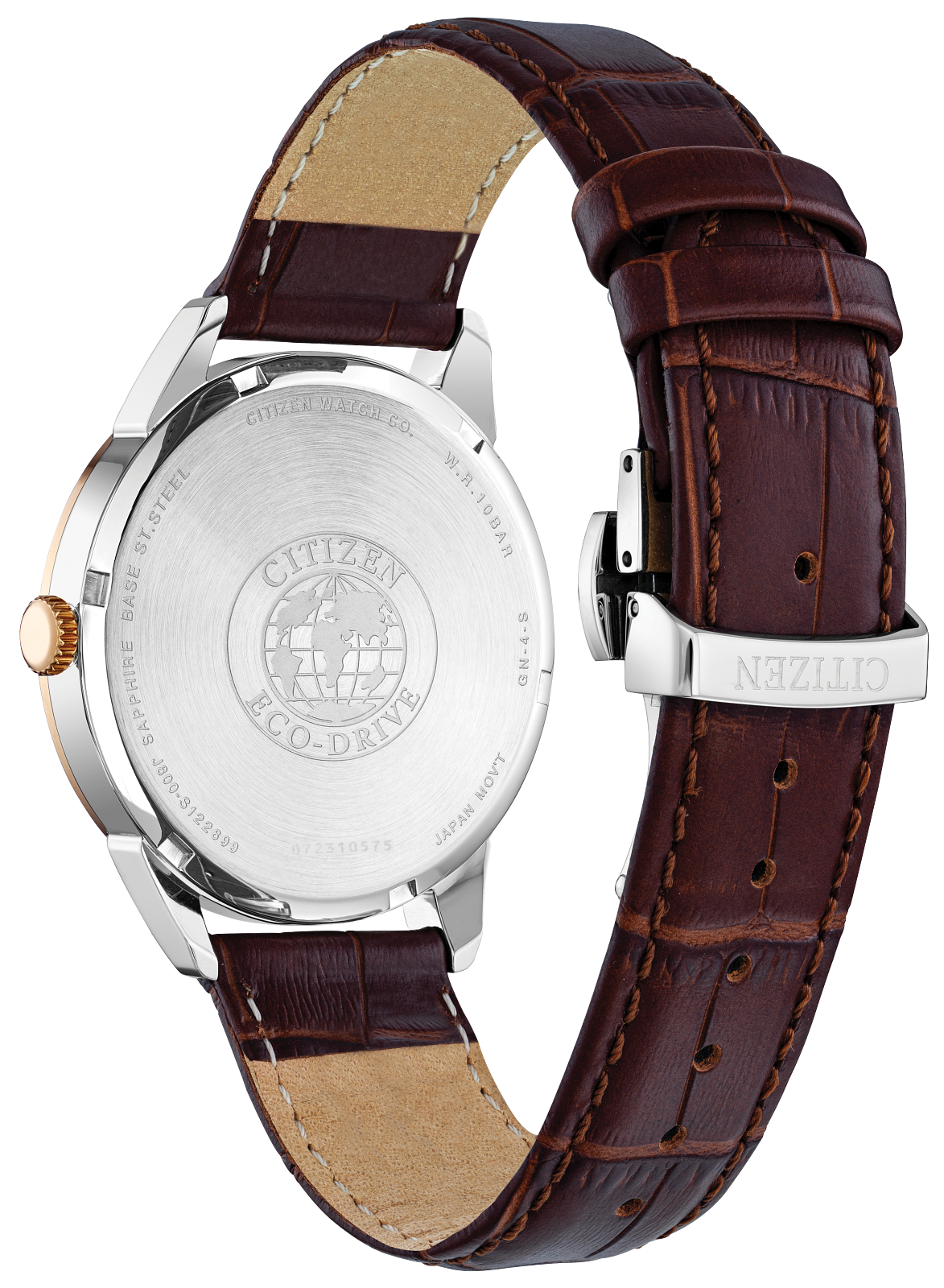 Watch with brown leather strap and silver case on a white background