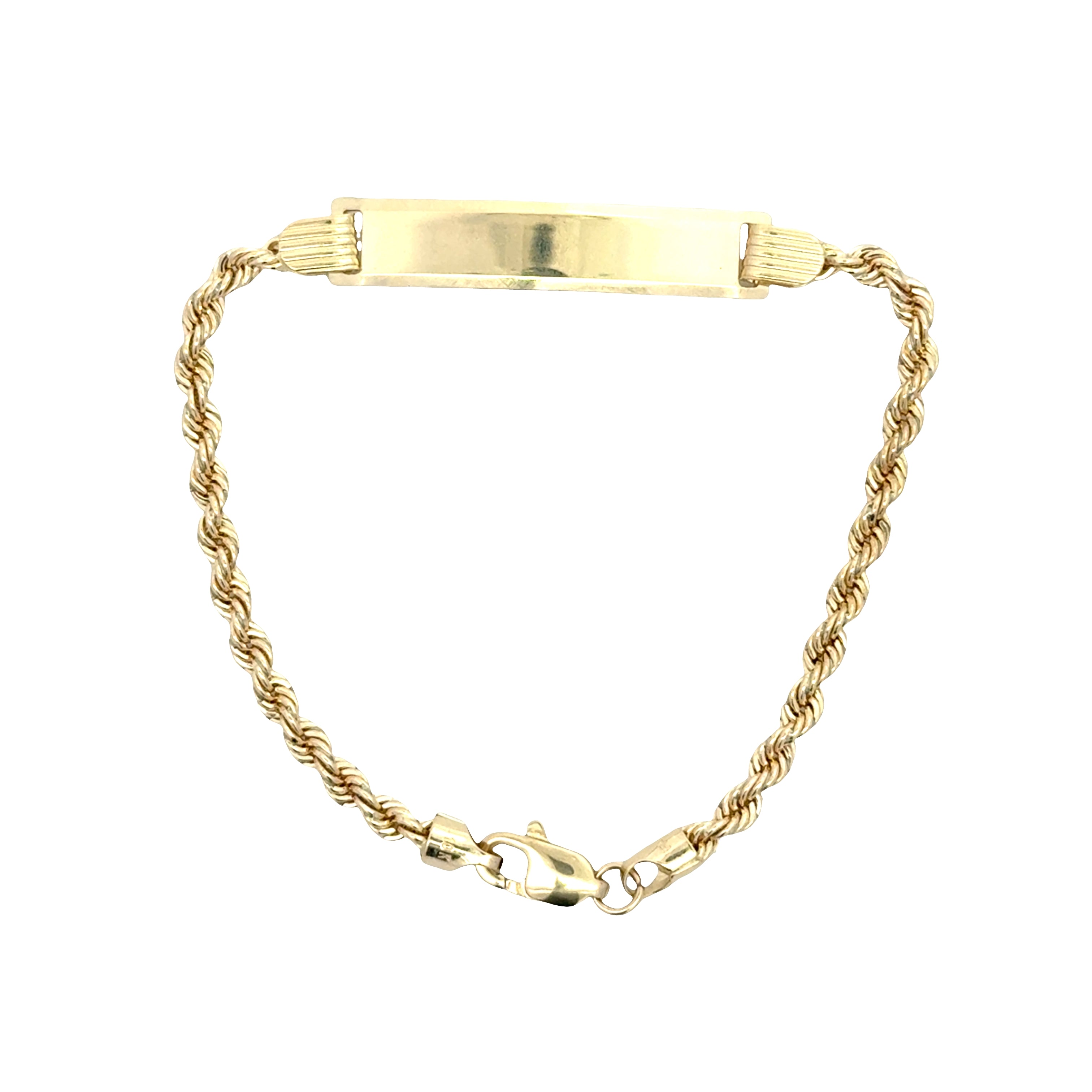 Gold rope-style baby ID bracelet in 10K gold, featuring a delicate design and engraved ID tag, from Solomon Jewelers.