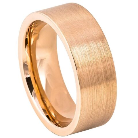 Rose gold-tone tungsten wedding band with a broad brushed satin surface, polished edges, and smooth comfort-fit interior