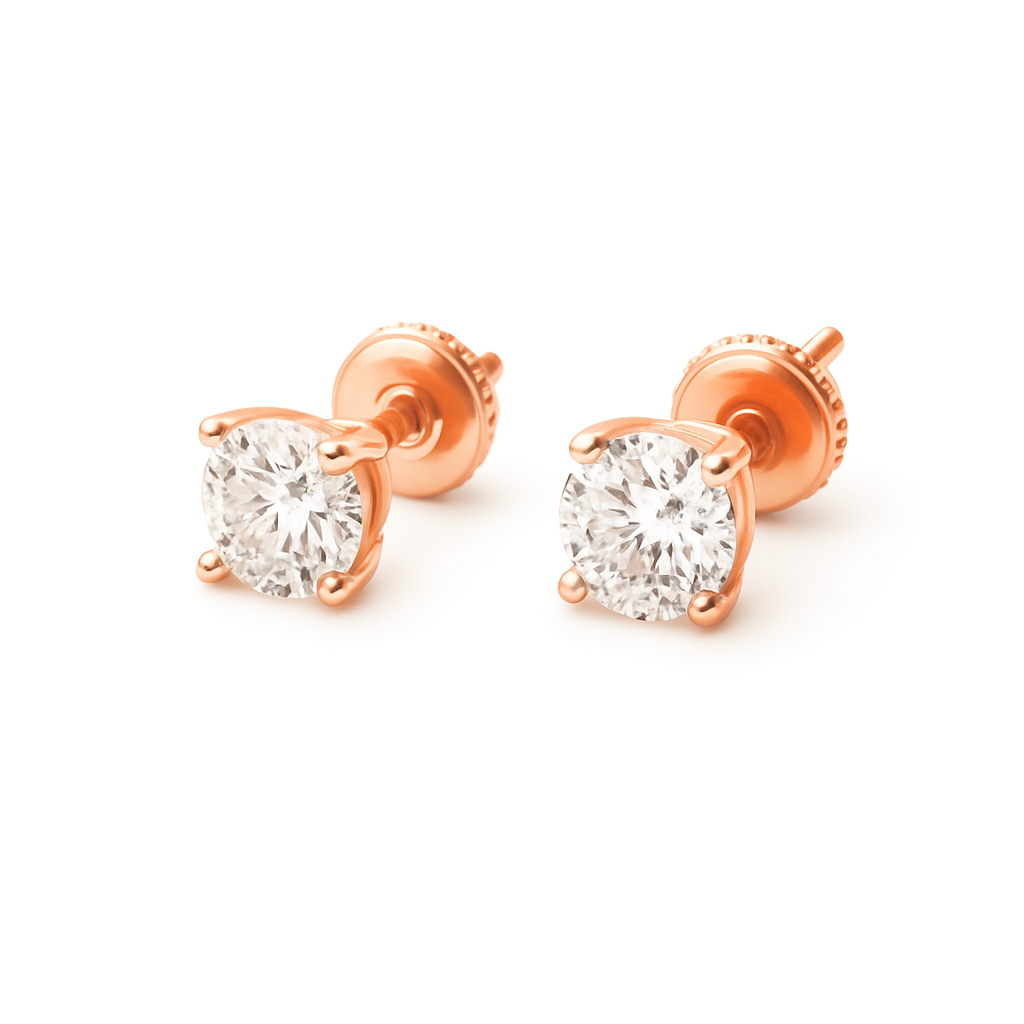 Round brilliant lab diamond stud earrings in 14K rose gold with screw back